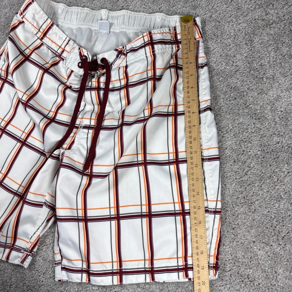 Old Navy Mens Plaid Swim Trunks Board Shorts White Orange Burgundy Size L‎